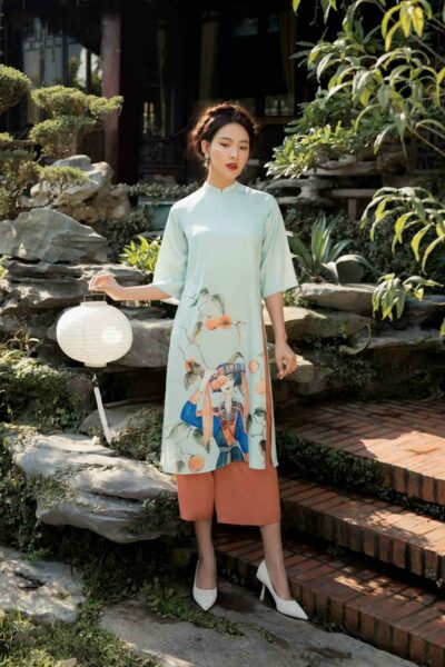Ảnh mẫu áo dài cách tân xanh phối nâu