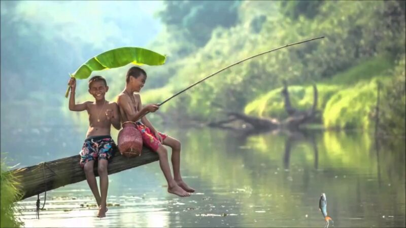 Ảnh quê hương trẻ che lá chuối