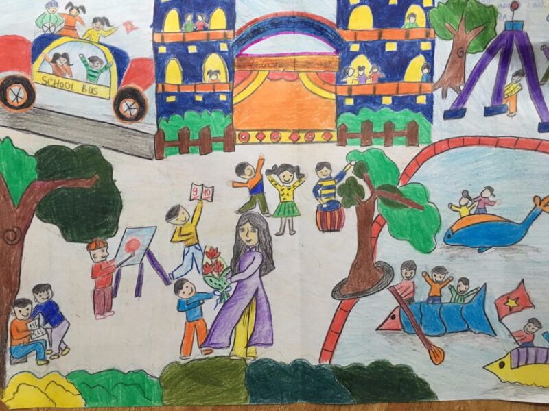 bức tranh vẽ Hà Nội trong em học tập và vui chơi