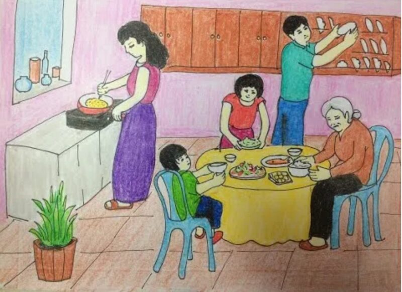 Mẫu  Vẽ tranh cuộc sống sinh hoạt bữa cơm của gia đình