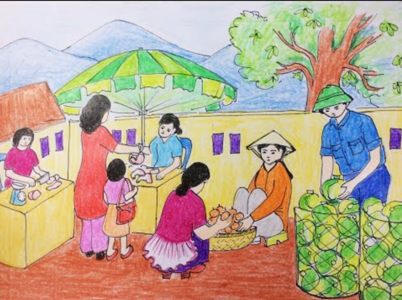 Mẫu  Vẽ tranh cuộc sống sinh hoạt chợ quê
