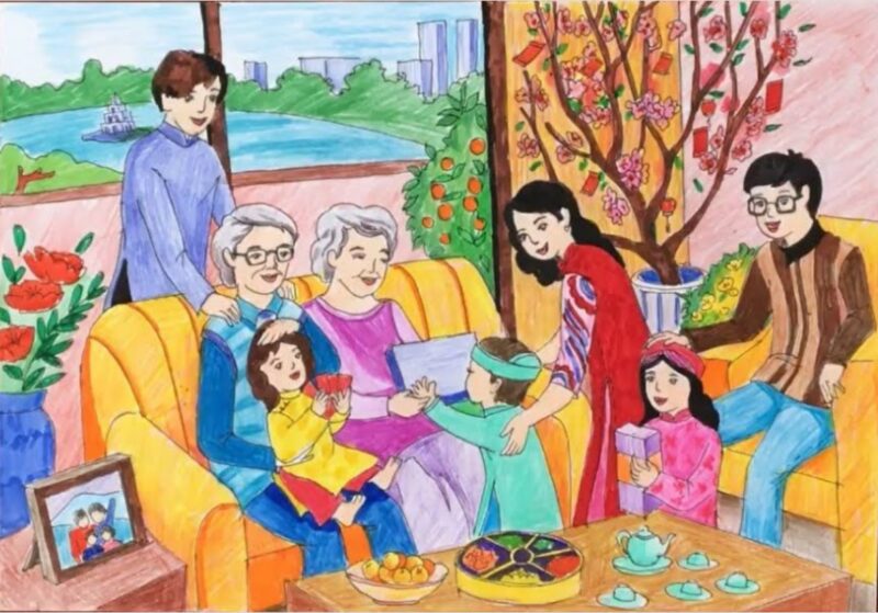 Mẫu  Vẽ tranh cuộc sống sinh hoạt chúc Tết đầu năm