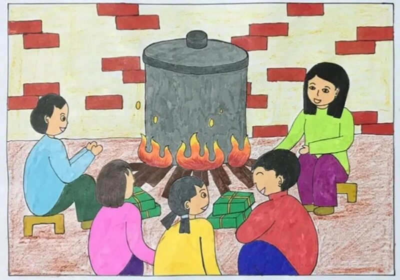 Mẫu  Vẽ tranh cuộc sống sinh hoạt gia đình nấu bánh chưng