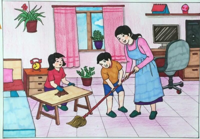 Mẫu  Vẽ tranh cuộc sống sinh hoạt giúp mẹ dọn nhà