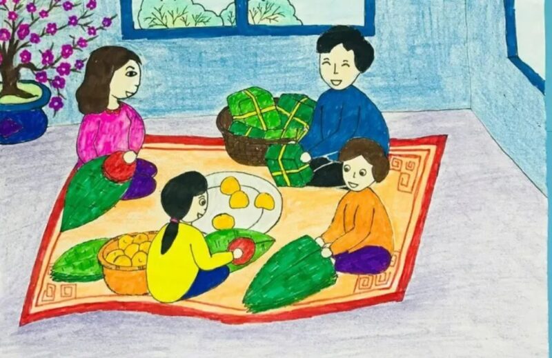 Mẫu  Vẽ tranh cuộc sống sinh hoạt gói bánh chưng