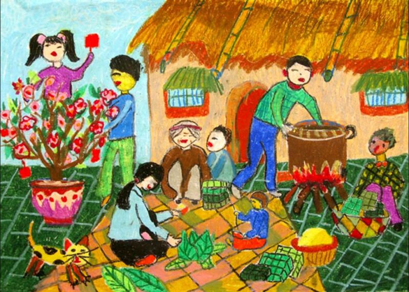 Mẫu  Vẽ tranh cuộc sống sinh hoạt gói và nấu bánh chưng
