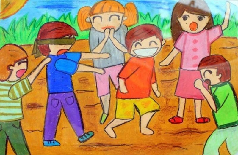 Mẫu  Vẽ tranh cuộc sống vui chơi bịt mắt bắt dê