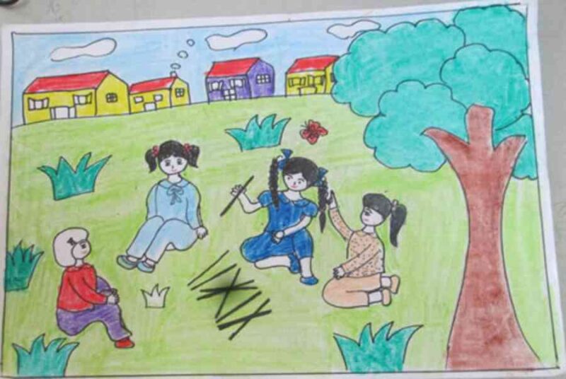 Mẫu  Vẽ tranh cuộc sống vui chơi đánh que