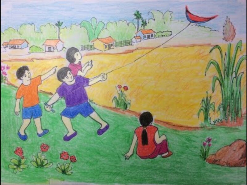 Mẫu  Vẽ tranh cuộc sống vui chơi thả diều