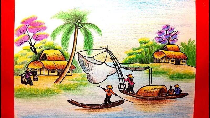 Mẫu  Vẽ tranh phong cảnh đánh bắt cá