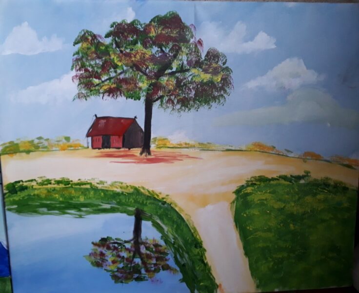 Mẫu  Vẽ tranh phong cảnh ngôi nhà bên hồ nước