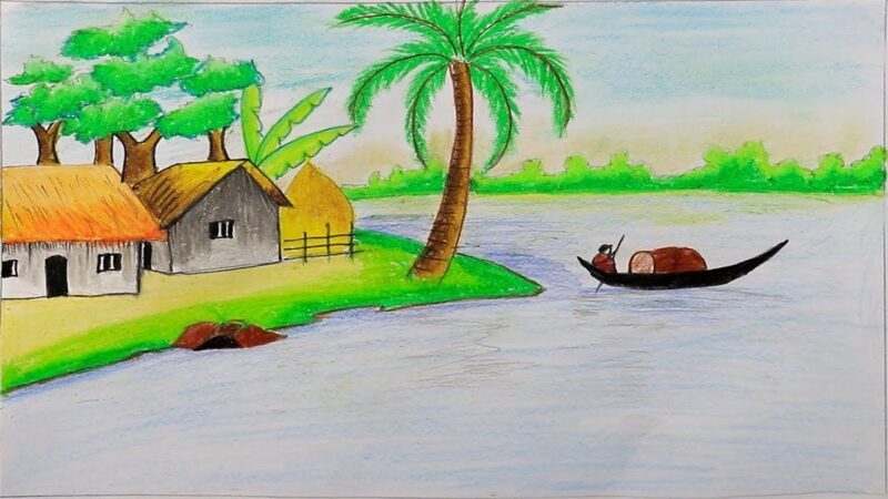 Mẫu  Vẽ tranh phong cảnh nhà mái lá và cây dừa xanh