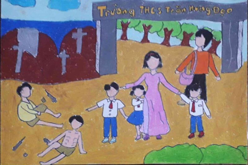 Mẫu  Vẽ tranh phòng chống ma túy lên án sử dụng ma túy trước trường học